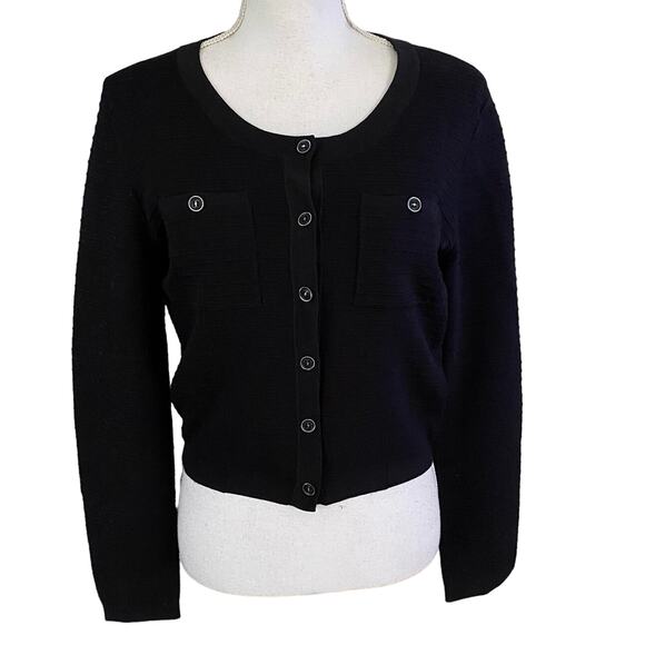 Catherine Malandrino Favorites Size L Textured Cardigan Sweater Black Pockets - Picture 1 of 5
